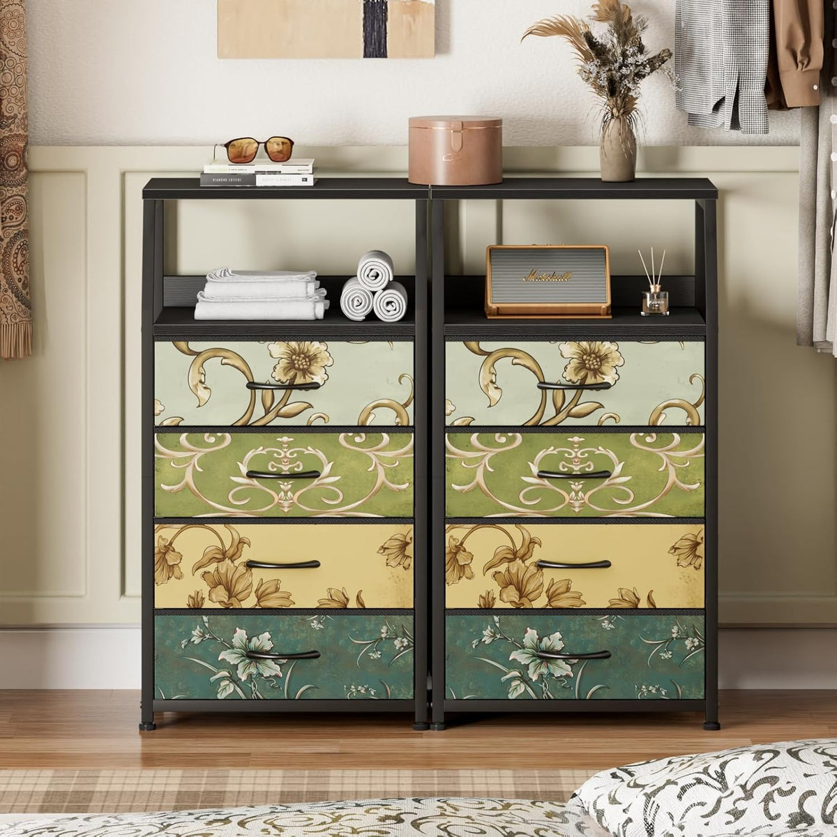 Tall Nightstand with 4 Fabric Drawers, Small Dresser for Bedroom | White Dorm Bedside Table , Dresser for Closet, Storage Drawer for Living Room, Entryway, Furniture, Metal Frame, Wood Top