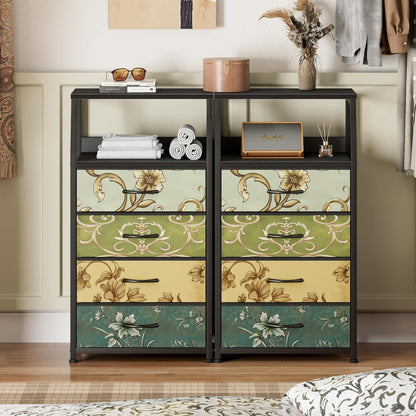 Tall Nightstand with 4 Fabric Drawers, Small Dresser for Bedroom | White Dorm Bedside Table , Dresser for Closet, Storage Drawer for Living Room, Entryway, Furniture, Metal Frame, Wood Top