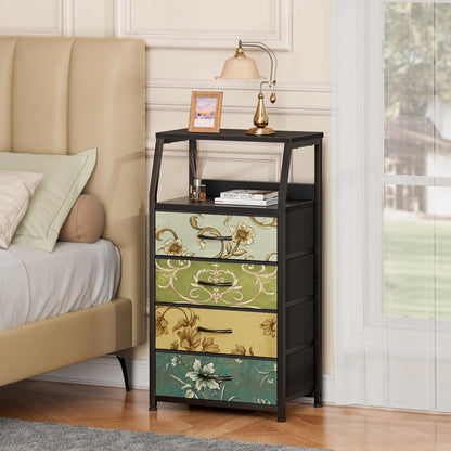 Tall Nightstand with 4 Fabric Drawers, Small Dresser for Bedroom | White Dorm Bedside Table , Dresser for Closet, Storage Drawer for Living Room, Entryway, Furniture, Metal Frame, Wood Top