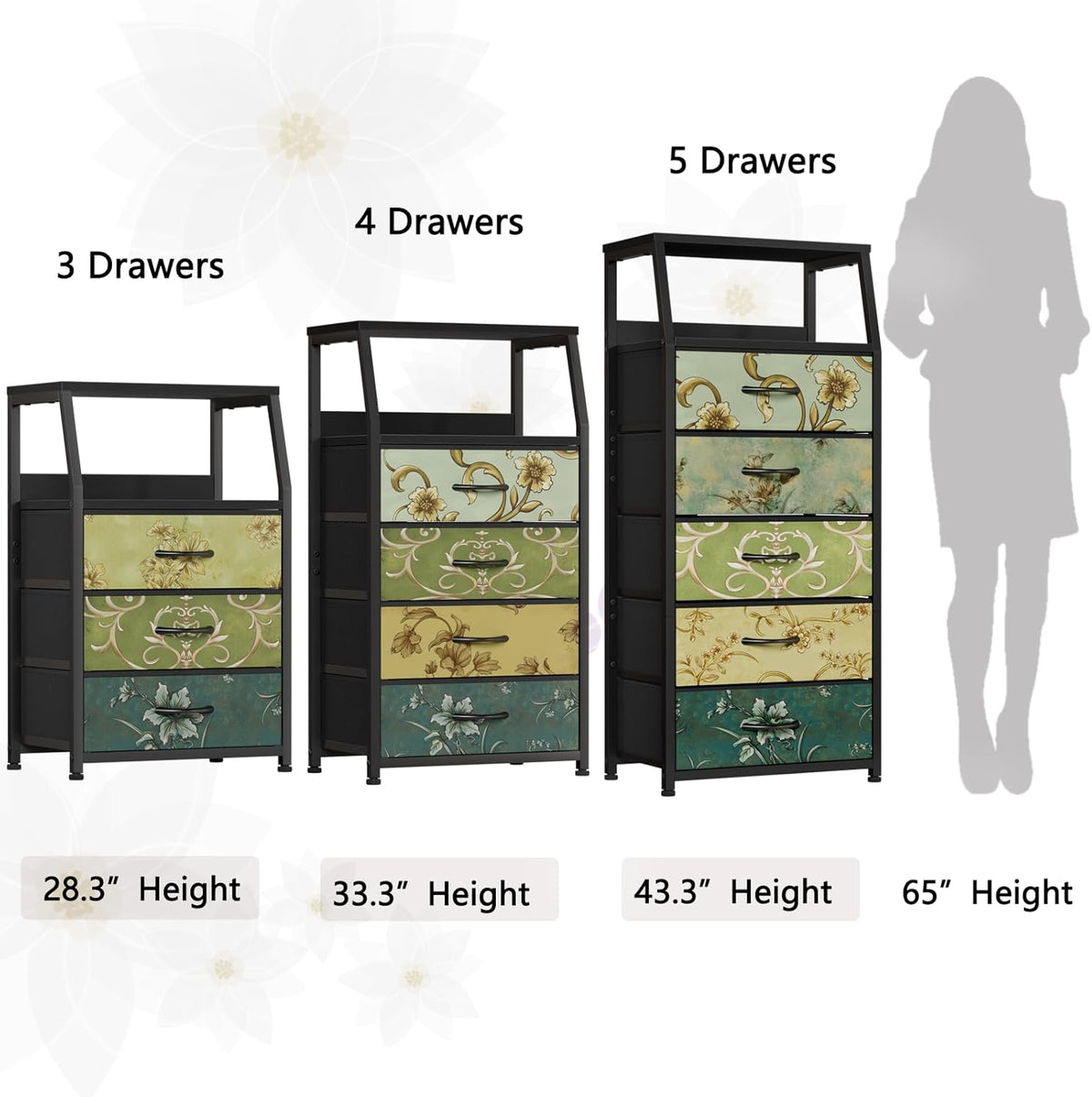 Tall Nightstand with 4 Fabric Drawers, Small Dresser for Bedroom | White Dorm Bedside Table , Dresser for Closet, Storage Drawer for Living Room, Entryway, Furniture, Metal Frame, Wood Top