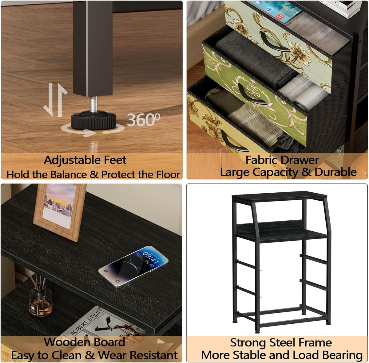 Tall Nightstand with 4 Fabric Drawers, Small Dresser for Bedroom | White Dorm Bedside Table , Dresser for Closet, Storage Drawer for Living Room, Entryway, Furniture, Metal Frame, Wood Top