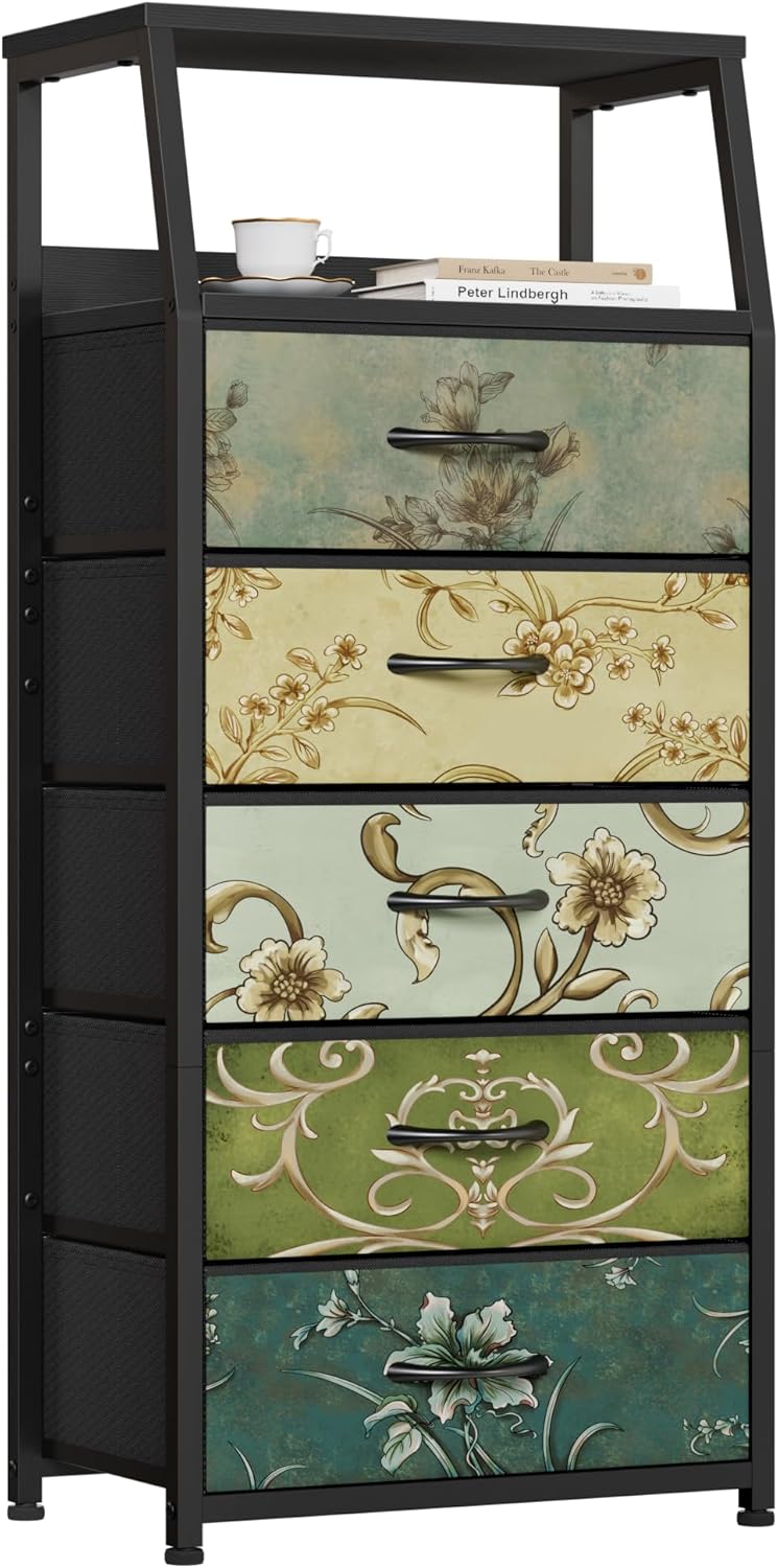 Tall Nightstand with 4 Fabric Drawers, Small Dresser for Bedroom | White Dorm Bedside Table , Dresser for Closet, Storage Drawer for Living Room, Entryway, Furniture, Metal Frame, Wood Top