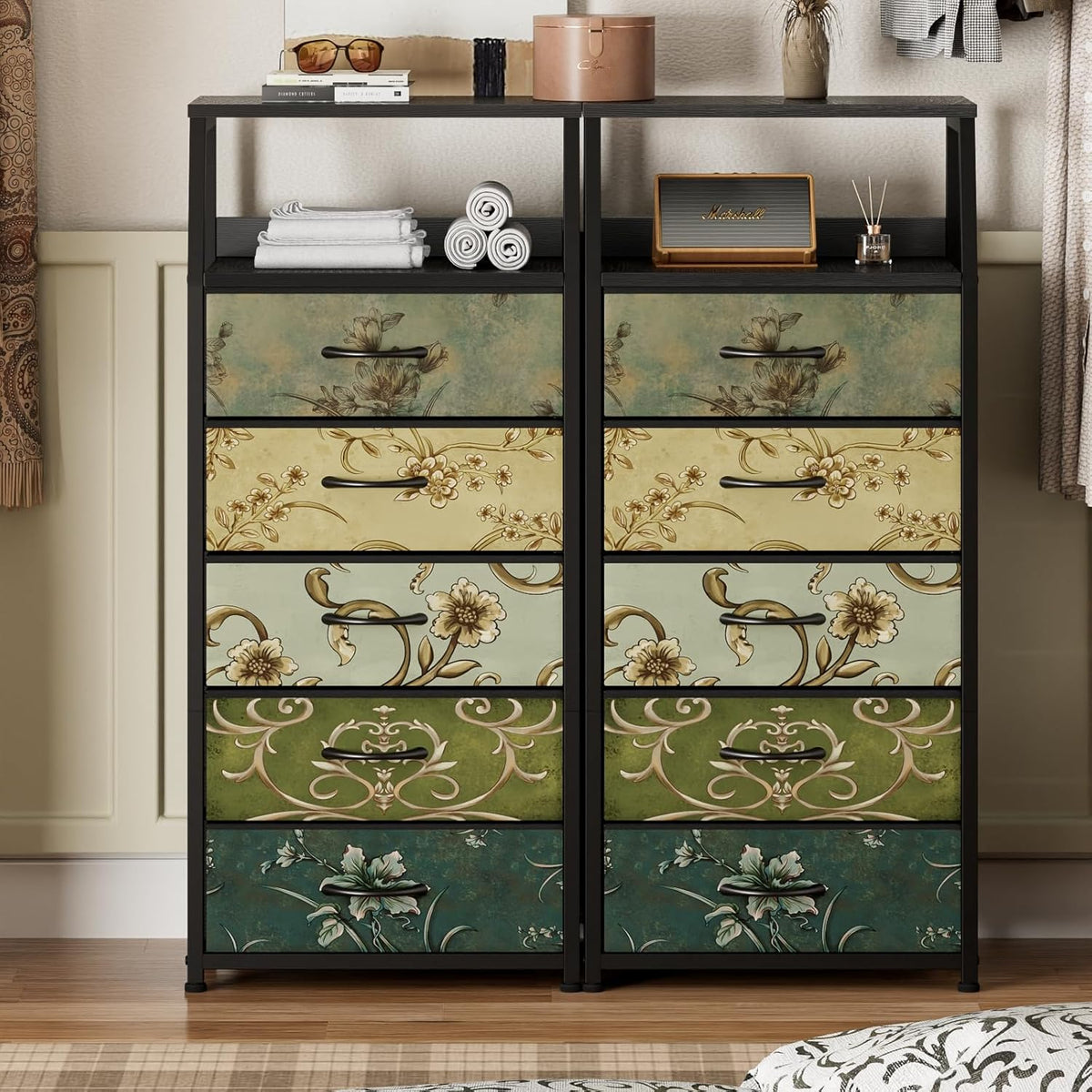 Tall Nightstand with 4 Fabric Drawers, Small Dresser for Bedroom | White Dorm Bedside Table , Dresser for Closet, Storage Drawer for Living Room, Entryway, Furniture, Metal Frame, Wood Top