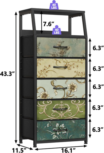 Tall Nightstand with 4 Fabric Drawers, Small Dresser for Bedroom | White Dorm Bedside Table , Dresser for Closet, Storage Drawer for Living Room, Entryway, Furniture, Metal Frame, Wood Top