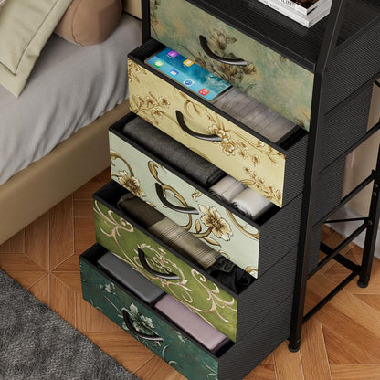 Tall Nightstand with 4 Fabric Drawers, Small Dresser for Bedroom | White Dorm Bedside Table , Dresser for Closet, Storage Drawer for Living Room, Entryway, Furniture, Metal Frame, Wood Top