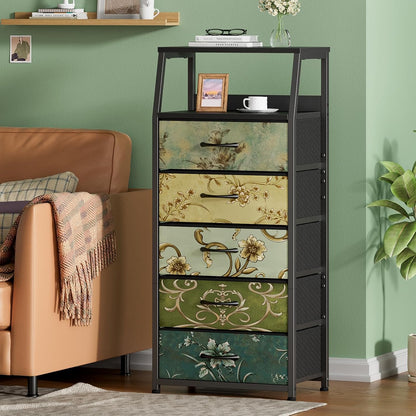 Tall Nightstand with 4 Fabric Drawers, Small Dresser for Bedroom | White Dorm Bedside Table , Dresser for Closet, Storage Drawer for Living Room, Entryway, Furniture, Metal Frame, Wood Top