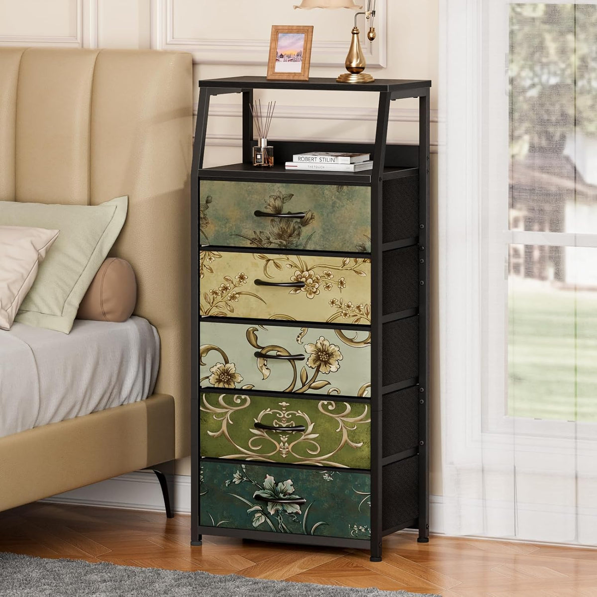 Tall Nightstand with 4 Fabric Drawers, Small Dresser for Bedroom | White Dorm Bedside Table , Dresser for Closet, Storage Drawer for Living Room, Entryway, Furniture, Metal Frame, Wood Top