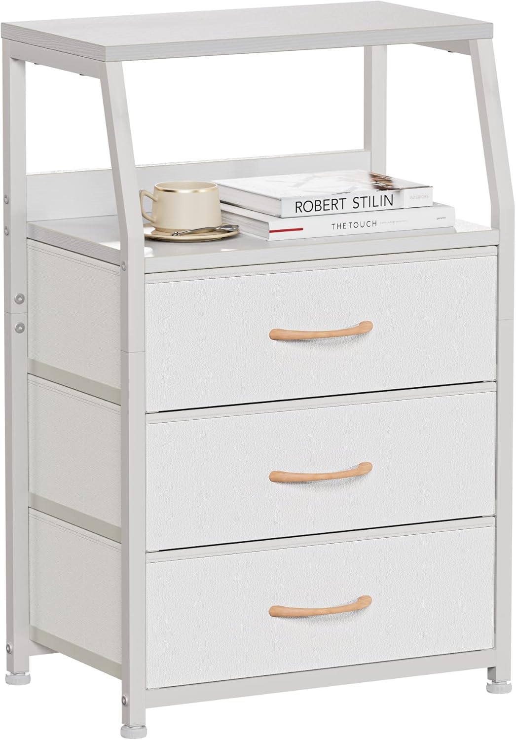 Tall Nightstand with 4 Fabric Drawers, Small Dresser for Bedroom | White Dorm Bedside Table , Dresser for Closet, Storage Drawer for Living Room, Entryway, Furniture, Metal Frame, Wood Top