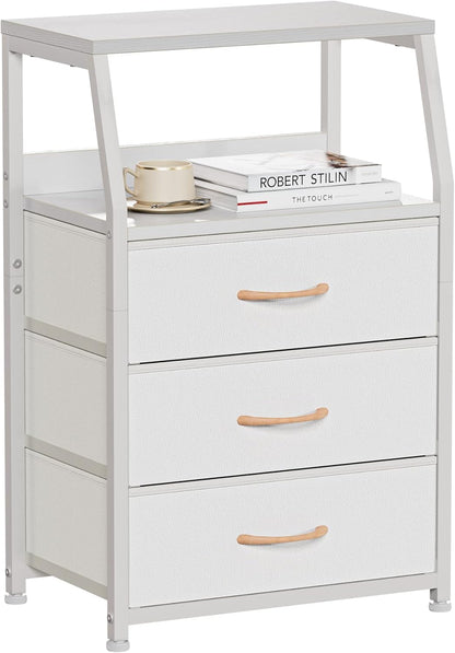 Tall Nightstand with 4 Fabric Drawers, Small Dresser for Bedroom | White Dorm Bedside Table , Dresser for Closet, Storage Drawer for Living Room, Entryway, Furniture, Metal Frame, Wood Top