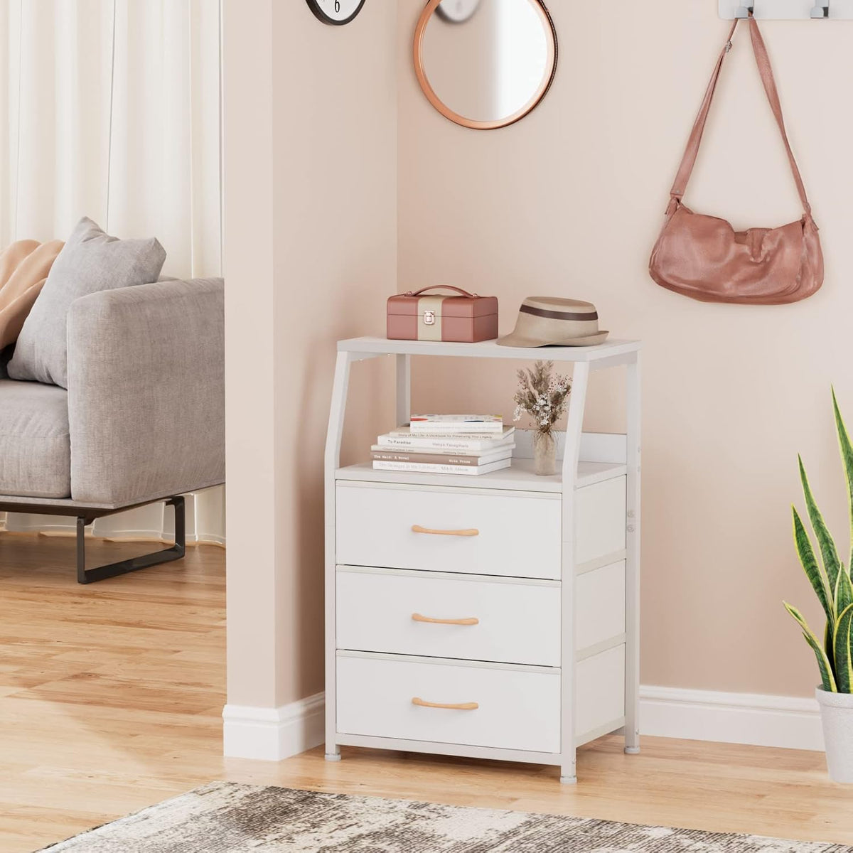 Tall Nightstand with 4 Fabric Drawers, Small Dresser for Bedroom | White Dorm Bedside Table , Dresser for Closet, Storage Drawer for Living Room, Entryway, Furniture, Metal Frame, Wood Top