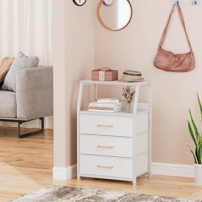 Tall Nightstand with 4 Fabric Drawers, Small Dresser for Bedroom | White Dorm Bedside Table , Dresser for Closet, Storage Drawer for Living Room, Entryway, Furniture, Metal Frame, Wood Top