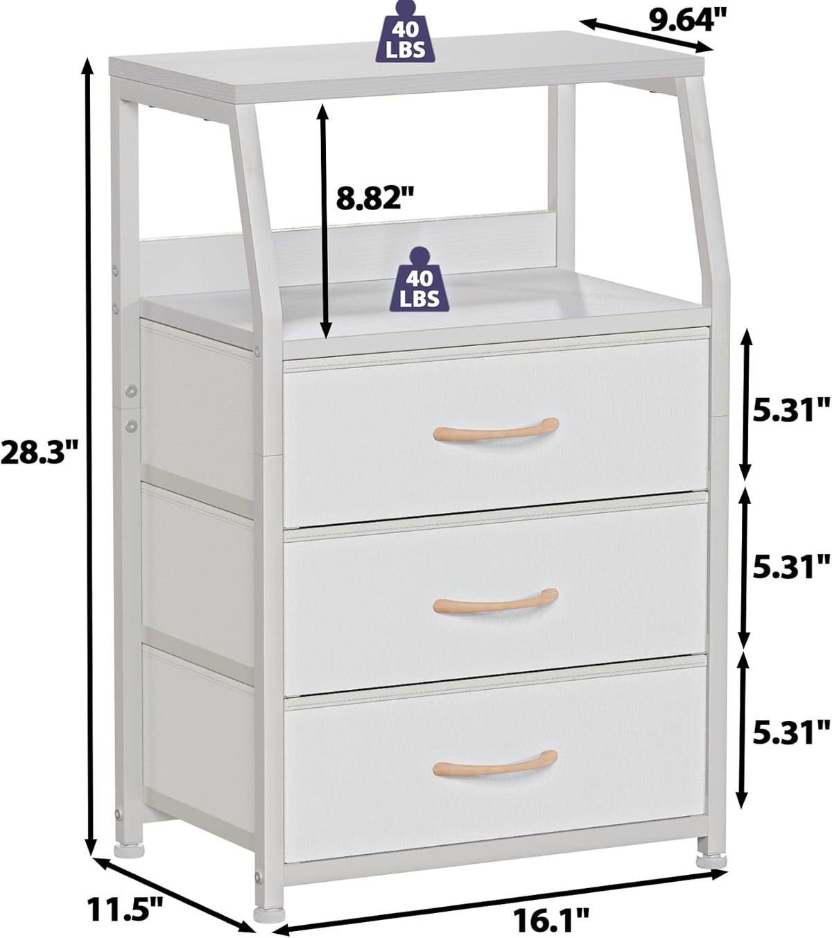 Tall Nightstand with 4 Fabric Drawers, Small Dresser for Bedroom | White Dorm Bedside Table , Dresser for Closet, Storage Drawer for Living Room, Entryway, Furniture, Metal Frame, Wood Top
