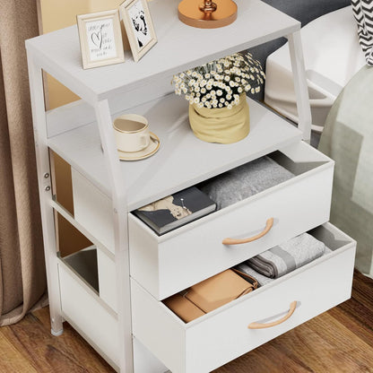 Tall Nightstand with 4 Fabric Drawers, Small Dresser for Bedroom | White Dorm Bedside Table , Dresser for Closet, Storage Drawer for Living Room, Entryway, Furniture, Metal Frame, Wood Top