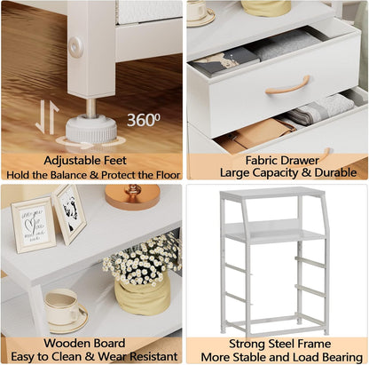 Tall Nightstand with 4 Fabric Drawers, Small Dresser for Bedroom | White Dorm Bedside Table , Dresser for Closet, Storage Drawer for Living Room, Entryway, Furniture, Metal Frame, Wood Top