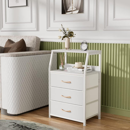 Tall Nightstand with 4 Fabric Drawers, Small Dresser for Bedroom | White Dorm Bedside Table , Dresser for Closet, Storage Drawer for Living Room, Entryway, Furniture, Metal Frame, Wood Top