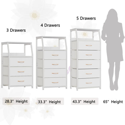 Tall Nightstand with 4 Fabric Drawers, Small Dresser for Bedroom | White Dorm Bedside Table , Dresser for Closet, Storage Drawer for Living Room, Entryway, Furniture, Metal Frame, Wood Top