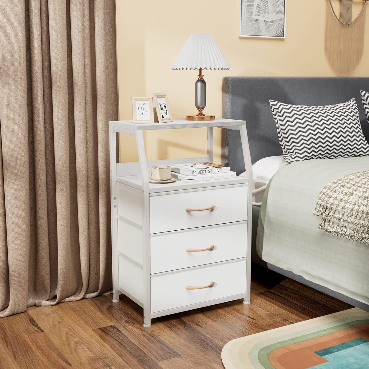 Tall Nightstand with 4 Fabric Drawers, Small Dresser for Bedroom | White Dorm Bedside Table , Dresser for Closet, Storage Drawer for Living Room, Entryway, Furniture, Metal Frame, Wood Top