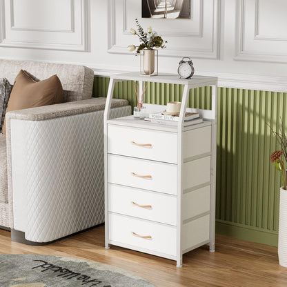 Tall Nightstand with 4 Fabric Drawers, Small Dresser for Bedroom | White Dorm Bedside Table , Dresser for Closet, Storage Drawer for Living Room, Entryway, Furniture, Metal Frame, Wood Top