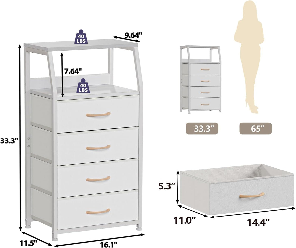Tall Nightstand with 4 Fabric Drawers, Small Dresser for Bedroom | White Dorm Bedside Table , Dresser for Closet, Storage Drawer for Living Room, Entryway, Furniture, Metal Frame, Wood Top