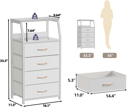 Tall Nightstand with 4 Fabric Drawers, Small Dresser for Bedroom | White Dorm Bedside Table , Dresser for Closet, Storage Drawer for Living Room, Entryway, Furniture, Metal Frame, Wood Top