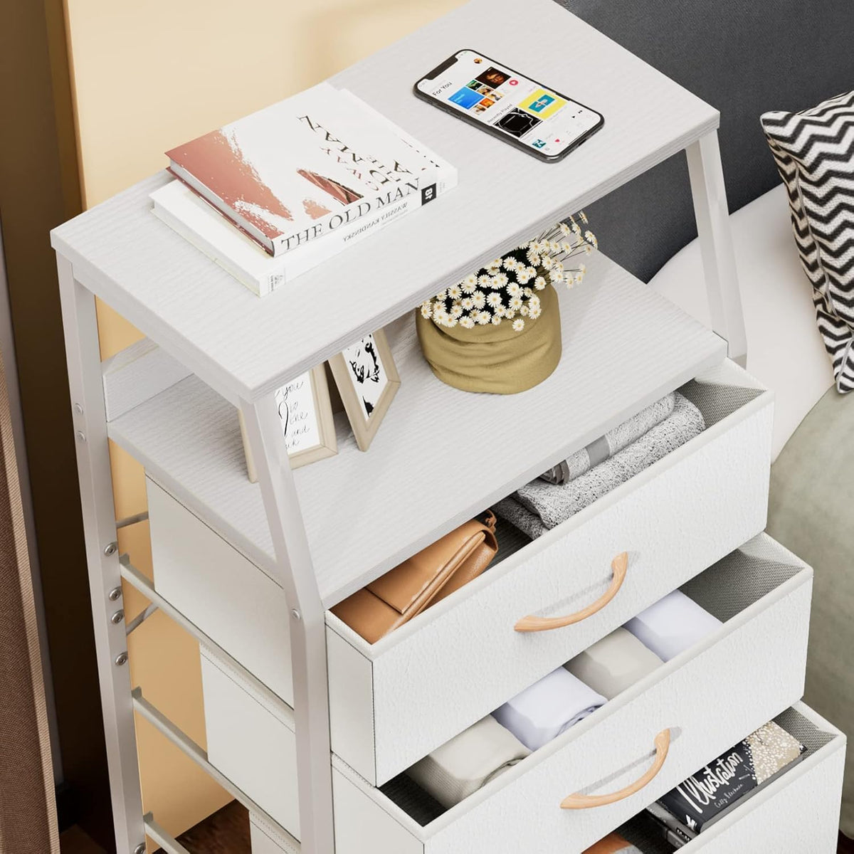 Tall Nightstand with 4 Fabric Drawers, Small Dresser for Bedroom | White Dorm Bedside Table , Dresser for Closet, Storage Drawer for Living Room, Entryway, Furniture, Metal Frame, Wood Top