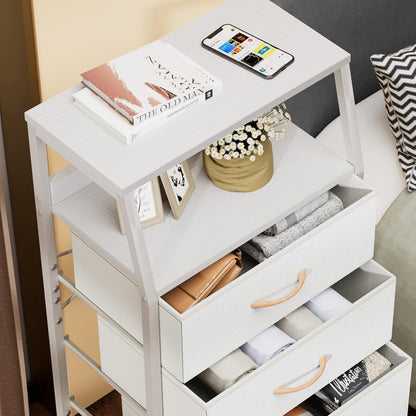 Tall Nightstand with 4 Fabric Drawers, Small Dresser for Bedroom | White Dorm Bedside Table , Dresser for Closet, Storage Drawer for Living Room, Entryway, Furniture, Metal Frame, Wood Top