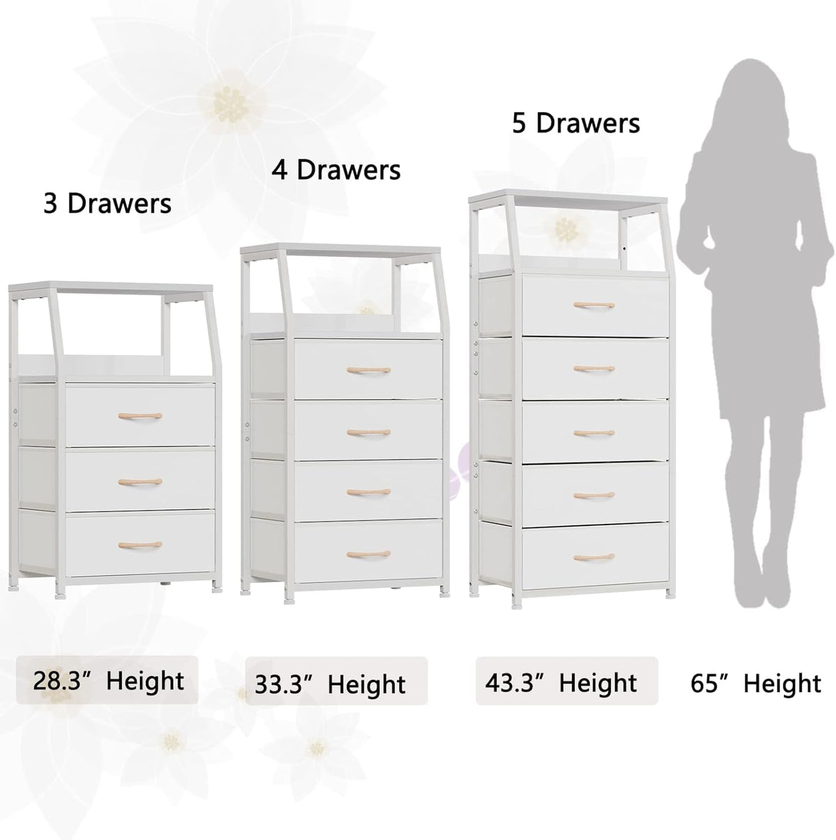 Tall Nightstand with 4 Fabric Drawers, Small Dresser for Bedroom | White Dorm Bedside Table , Dresser for Closet, Storage Drawer for Living Room, Entryway, Furniture, Metal Frame, Wood Top