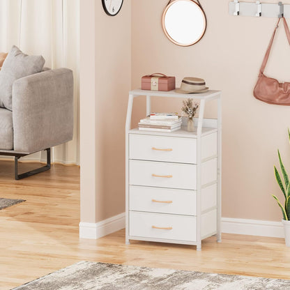 Tall Nightstand with 4 Fabric Drawers, Small Dresser for Bedroom | White Dorm Bedside Table , Dresser for Closet, Storage Drawer for Living Room, Entryway, Furniture, Metal Frame, Wood Top