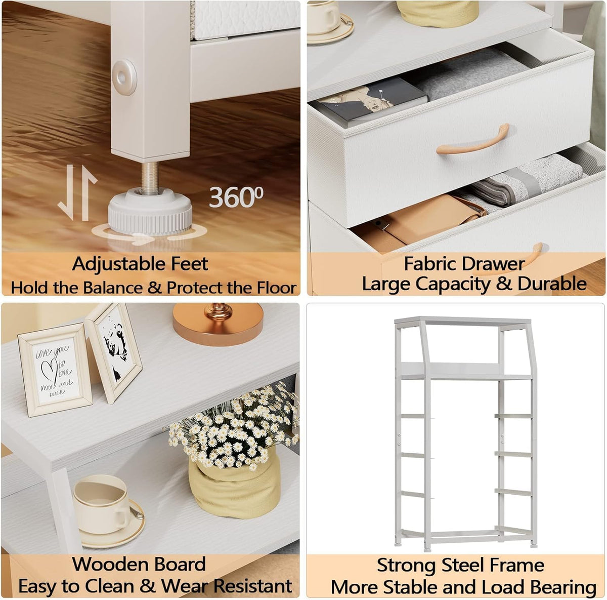 Tall Nightstand with 4 Fabric Drawers, Small Dresser for Bedroom | White Dorm Bedside Table , Dresser for Closet, Storage Drawer for Living Room, Entryway, Furniture, Metal Frame, Wood Top