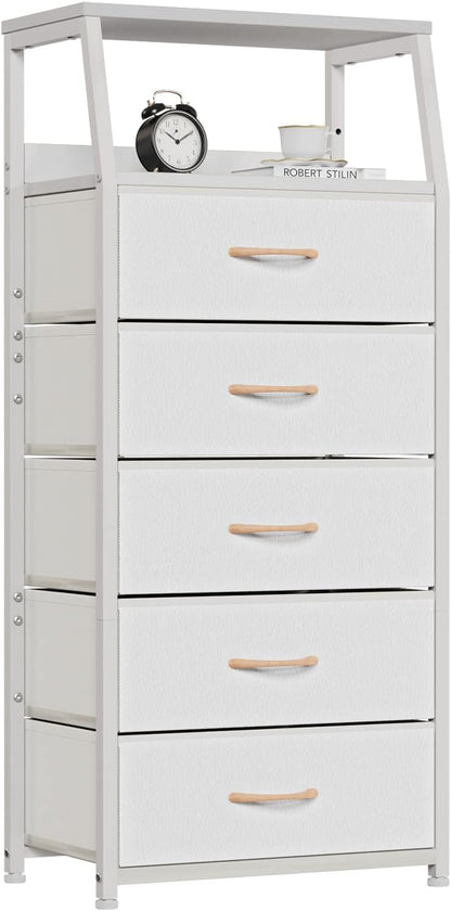 Tall Nightstand with 4 Fabric Drawers, Small Dresser for Bedroom | White Dorm Bedside Table , Dresser for Closet, Storage Drawer for Living Room, Entryway, Furniture, Metal Frame, Wood Top