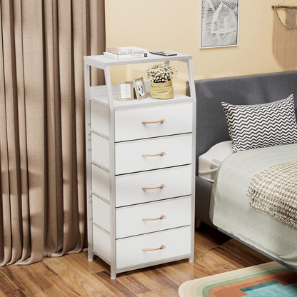 Tall Nightstand with 4 Fabric Drawers, Small Dresser for Bedroom | White Dorm Bedside Table , Dresser for Closet, Storage Drawer for Living Room, Entryway, Furniture, Metal Frame, Wood Top