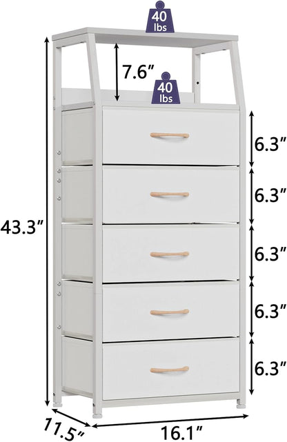 Tall Nightstand with 4 Fabric Drawers, Small Dresser for Bedroom | White Dorm Bedside Table , Dresser for Closet, Storage Drawer for Living Room, Entryway, Furniture, Metal Frame, Wood Top