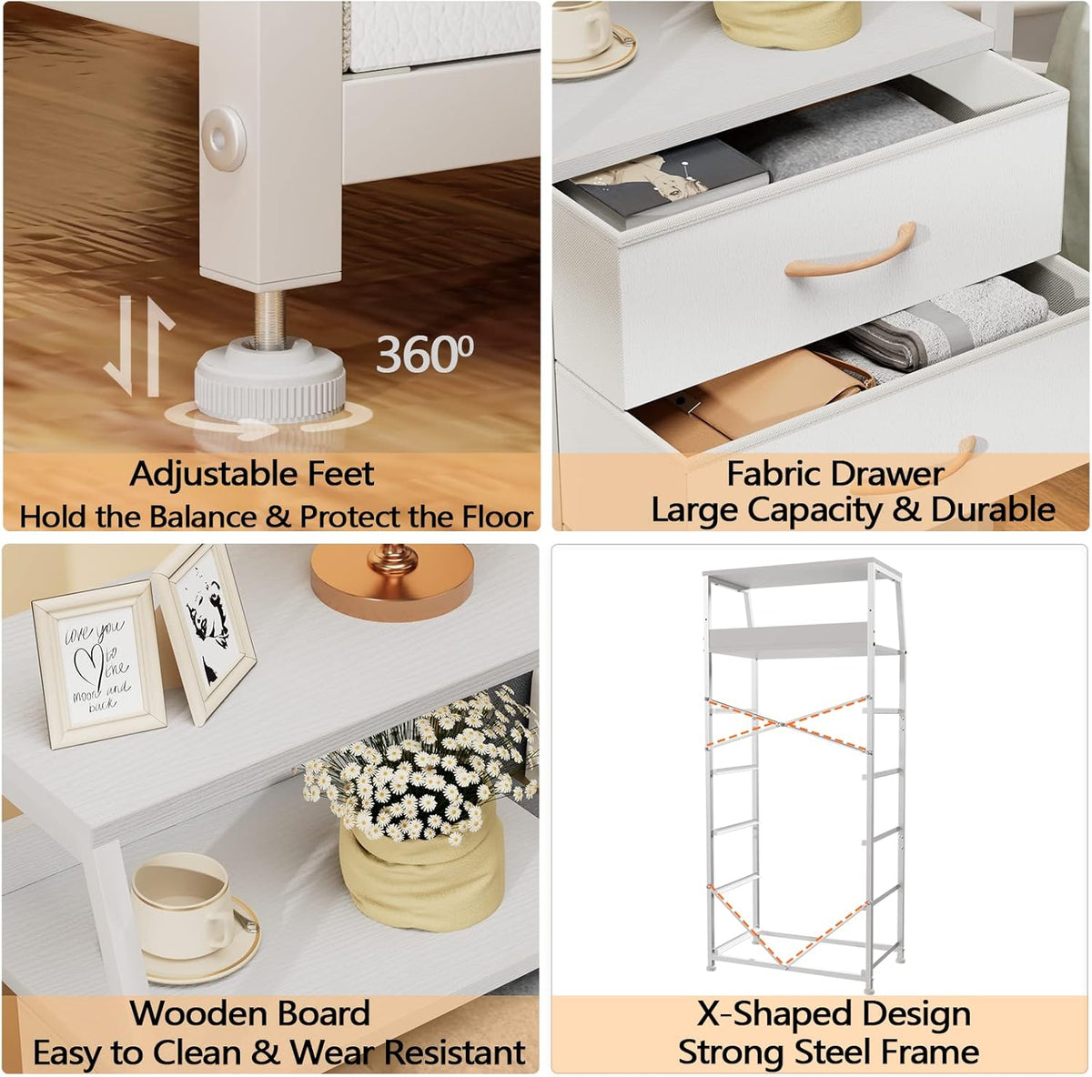 Tall Nightstand with 4 Fabric Drawers, Small Dresser for Bedroom | White Dorm Bedside Table , Dresser for Closet, Storage Drawer for Living Room, Entryway, Furniture, Metal Frame, Wood Top