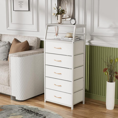 Tall Nightstand with 4 Fabric Drawers, Small Dresser for Bedroom | White Dorm Bedside Table , Dresser for Closet, Storage Drawer for Living Room, Entryway, Furniture, Metal Frame, Wood Top