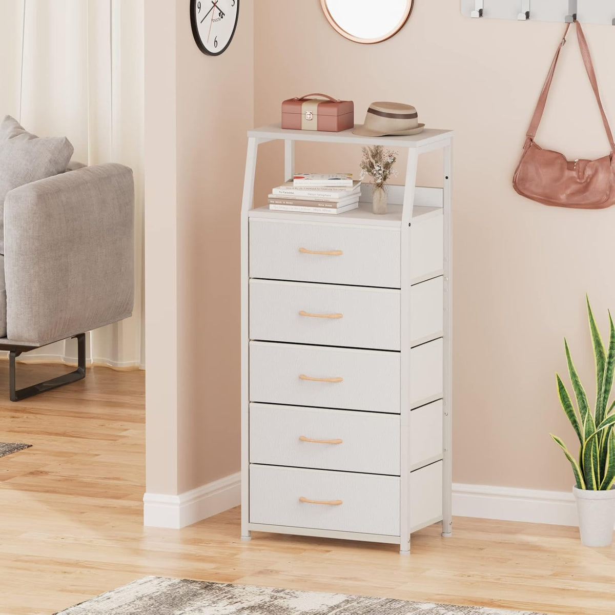 Tall Nightstand with 4 Fabric Drawers, Small Dresser for Bedroom | White Dorm Bedside Table , Dresser for Closet, Storage Drawer for Living Room, Entryway, Furniture, Metal Frame, Wood Top