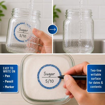 Water Soluble Labels for Food Containers – Dissolvable Kitchen Labels – No Sticky Residue – 2" Diameter, Two-Line Writable Surface, 200 Labels Per Roll (Purple)