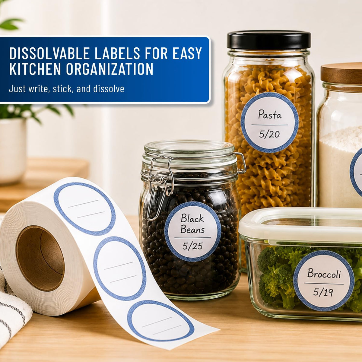 Water Soluble Labels for Food Containers – Dissolvable Kitchen Labels – No Sticky Residue – 2" Diameter, Two-Line Writable Surface, 200 Labels Per Roll (Purple)