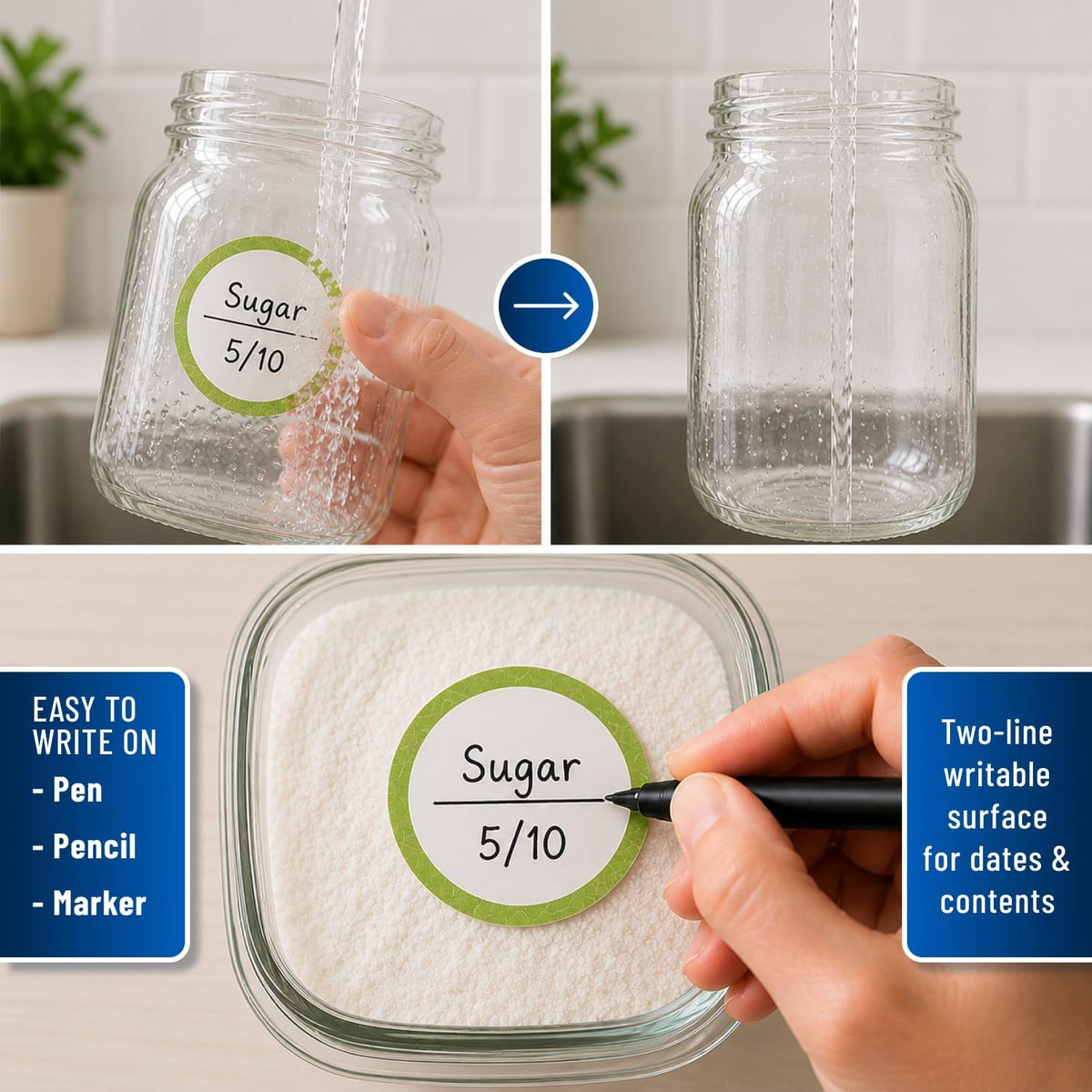 Water Soluble Labels for Food Containers – Dissolvable Kitchen Labels – No Sticky Residue – 2" Diameter, Two-Line Writable Surface, 200 Labels Per Roll (Purple)