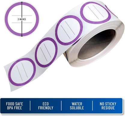 Water Soluble Labels for Food Containers – Dissolvable Kitchen Labels – No Sticky Residue – 2" Diameter, Two-Line Writable Surface, 200 Labels Per Roll (Purple)