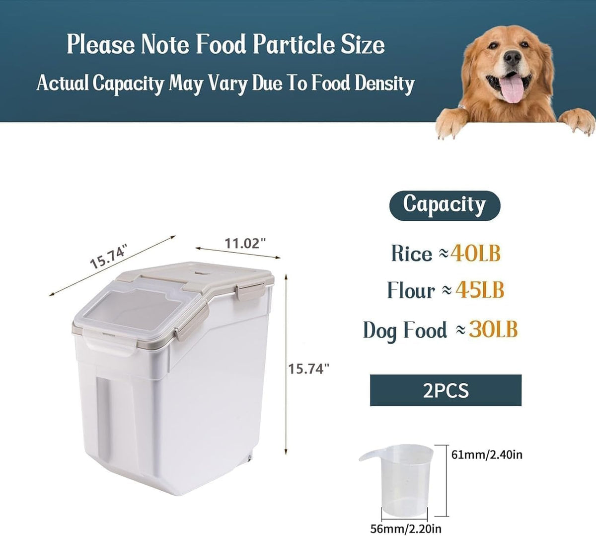 Airtight 25LB Flour & Grain Storage Container, Blue