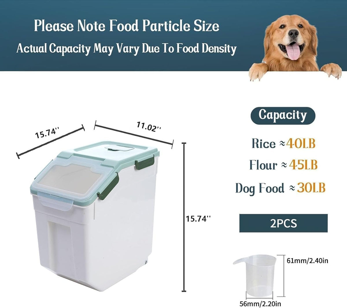 Airtight 25LB Flour & Grain Storage Container, Blue