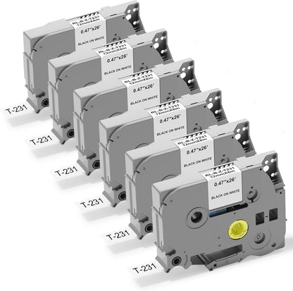 TZe-231 Compatible Tape 12mm 0.47 Laminated White for Brother P Touch | Label Maker Tape for Brother P-touch PT-D200 PT-D210 PT-D220 PT-D400, ideal for home, office and garage labeling, 6 Pack