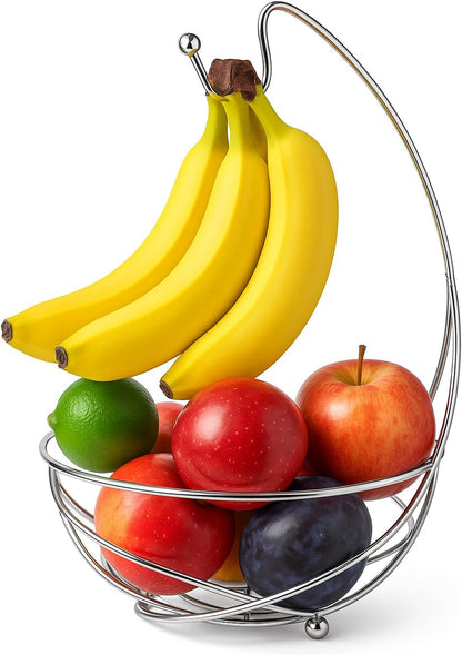 Chrome Fruit Bowl with Banana Holder – 14" Countertop Wire Basket with Banana Hook, Modern Fruit Basket with Banana Tree Hanger for Kitchen Table or Island Storage