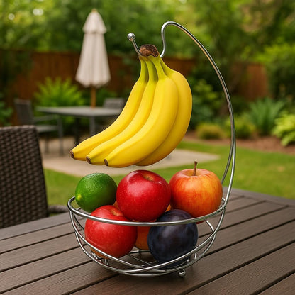 Chrome Fruit Bowl with Banana Holder – 14" Countertop Wire Basket with Banana Hook, Modern Fruit Basket with Banana Tree Hanger for Kitchen Table or Island Storage