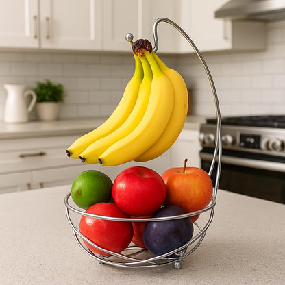 Chrome Fruit Bowl with Banana Holder – 14" Countertop Wire Basket with Banana Hook, Modern Fruit Basket with Banana Tree Hanger for Kitchen Table or Island Storage