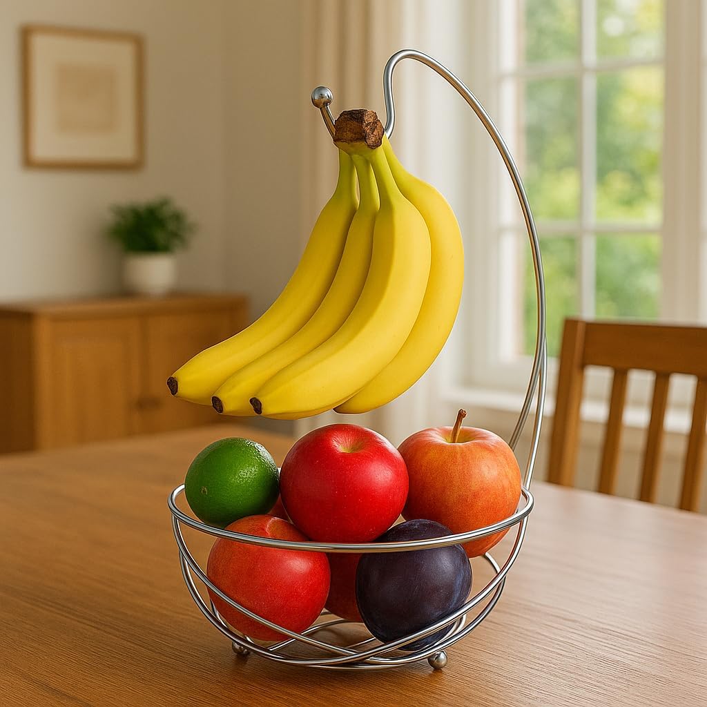 Chrome Fruit Bowl with Banana Holder – 14" Countertop Wire Basket with Banana Hook, Modern Fruit Basket with Banana Tree Hanger for Kitchen Table or Island Storage