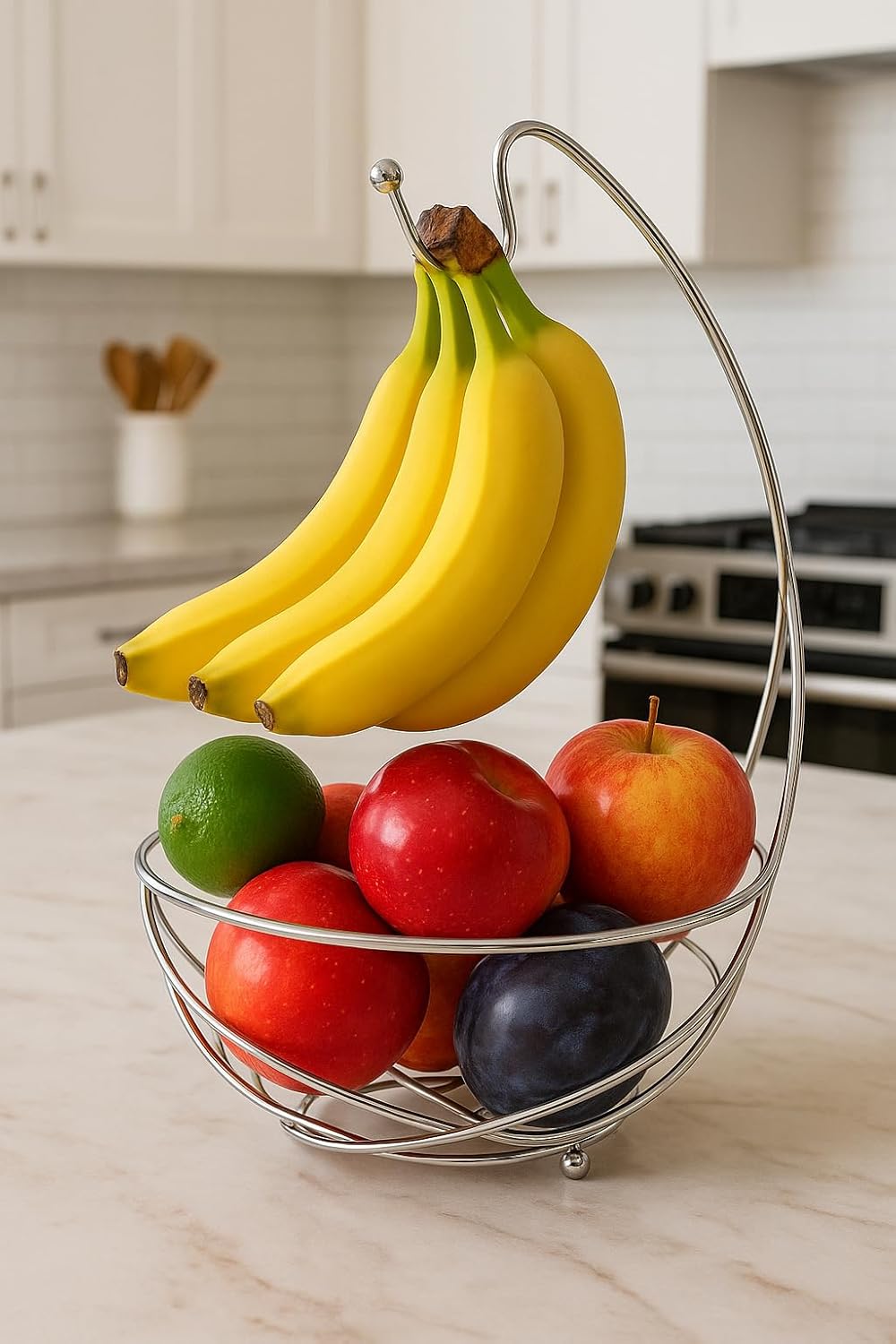 Chrome Fruit Bowl with Banana Holder – 14" Countertop Wire Basket with Banana Hook, Modern Fruit Basket with Banana Tree Hanger for Kitchen Table or Island Storage
