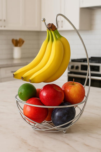 Chrome Fruit Bowl with Banana Holder – 14" Countertop Wire Basket with Banana Hook, Modern Fruit Basket with Banana Tree Hanger for Kitchen Table or Island Storage