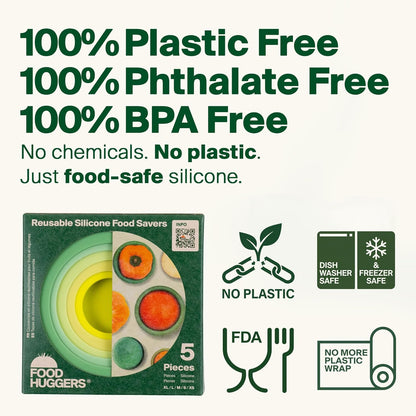 5pc Reusable Silicone Food Savers | BPA Free | Plastic Free Food Storage | Dishwasher Safe | Fruit & Vegetable Produce Storage for Onion, Tomato, Lemon, Banana & Cans | Round, Sage Green
