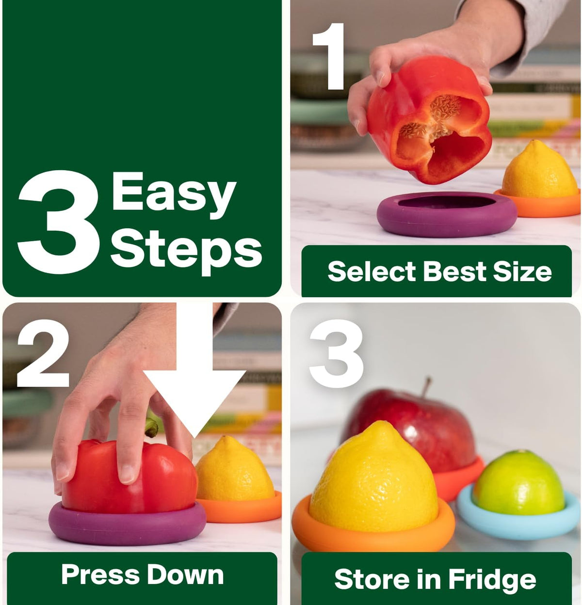 5pc Reusable Silicone Food Savers | BPA Free | Plastic Free Food Storage | Dishwasher Safe | Fruit & Vegetable Produce Storage for Onion, Tomato, Lemon, Banana & Cans | Round, Sage Green